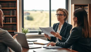 Lawyer specializing in agricultural law advising clients in a welcoming office setting.