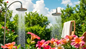 Experience a sunny shower in a beautiful garden setting filled with vibrant flowers.