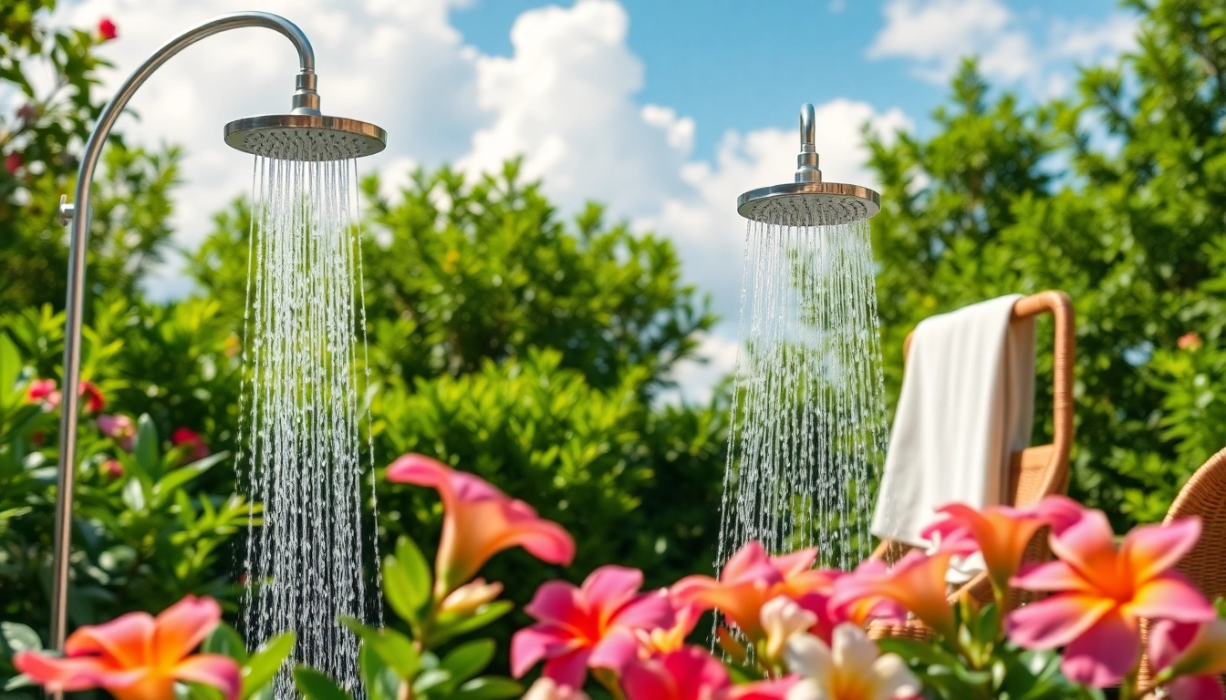 Experience a sunny shower in a beautiful garden setting filled with vibrant flowers.