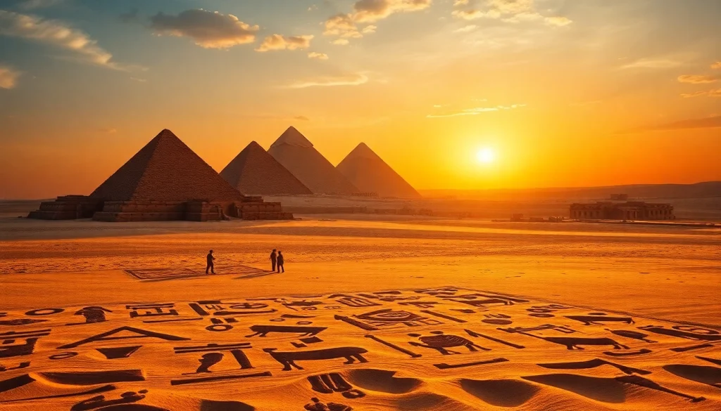 View the ancient Egyptian pyramids at https://piraminds.com/ framed by a dramatic sunset.