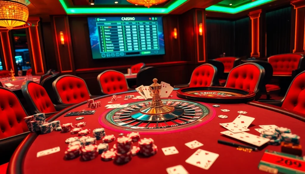 A dynamic casino table showcasing nhà cái uy tín with poker chips, cards, and a roulette wheel for an exciting gambling experience.