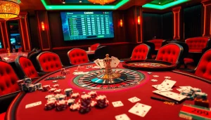 A dynamic casino table showcasing nhà cái uy tín with poker chips, cards, and a roulette wheel for an exciting gambling experience.