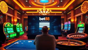 Bet88 đăng nhập interface showcased in a luxurious casino setting with poker chips and slot machines.