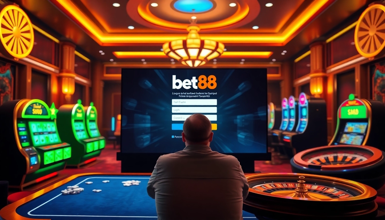 Bet88 đăng nhập interface showcased in a luxurious casino setting with poker chips and slot machines.