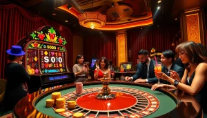 Players enjoying the excitement of a SODO-themed casino with vibrant slot machines and roulette tables.