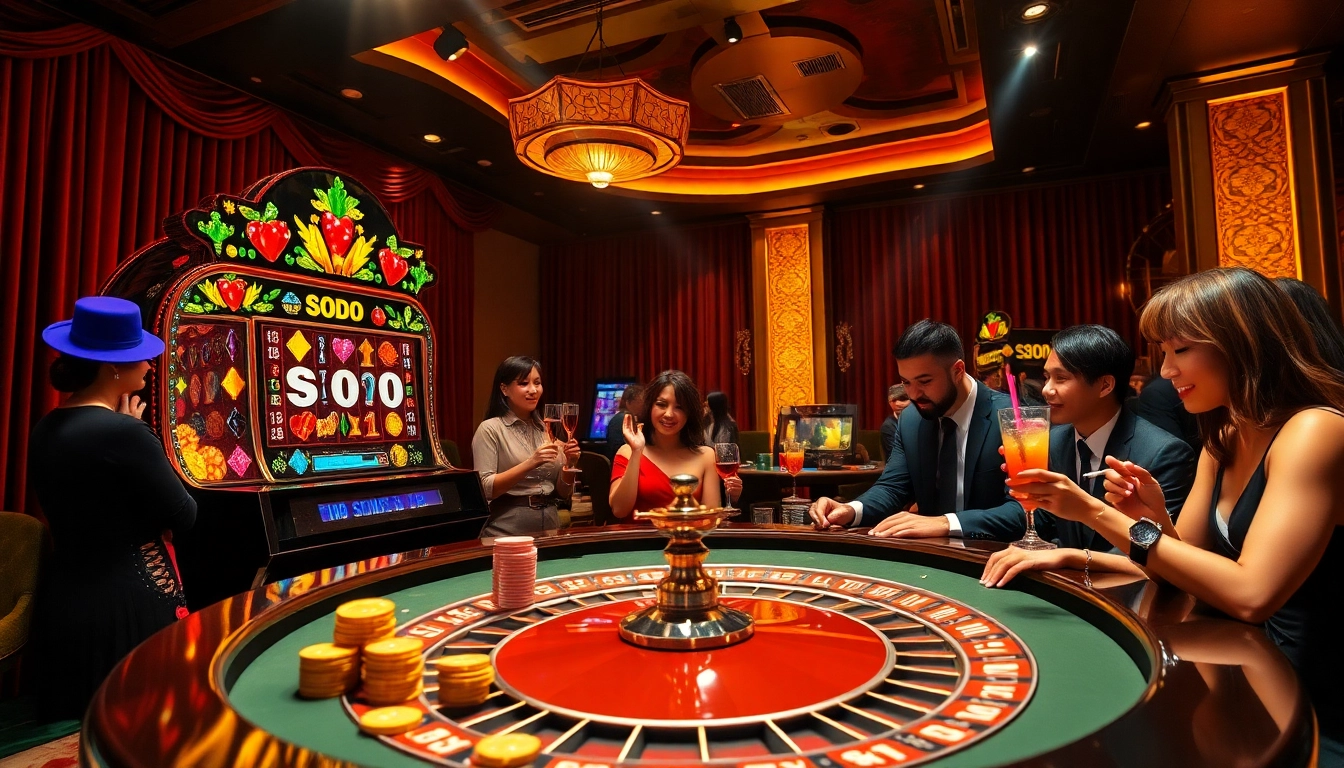 Players enjoying the excitement of a SODO-themed casino with vibrant slot machines and roulette tables.
