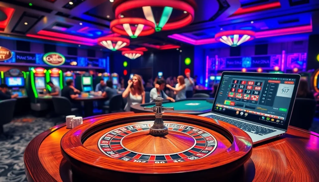 A vivid casino scene illustrating excitement at nhà cái vuabai9 with players celebrating wins at poker and roulette.