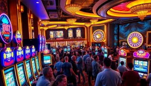 Rasakan kegembiraan aksi slot pulsa dalam suasana kasino yang semarak penuh dengan pemain.