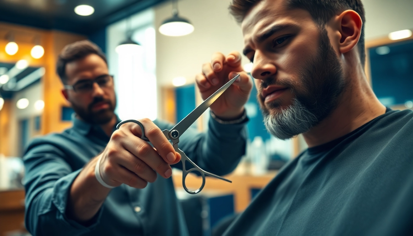 Stylish barber performing a haircut at frizerie craiova, showcasing expertise and craft.