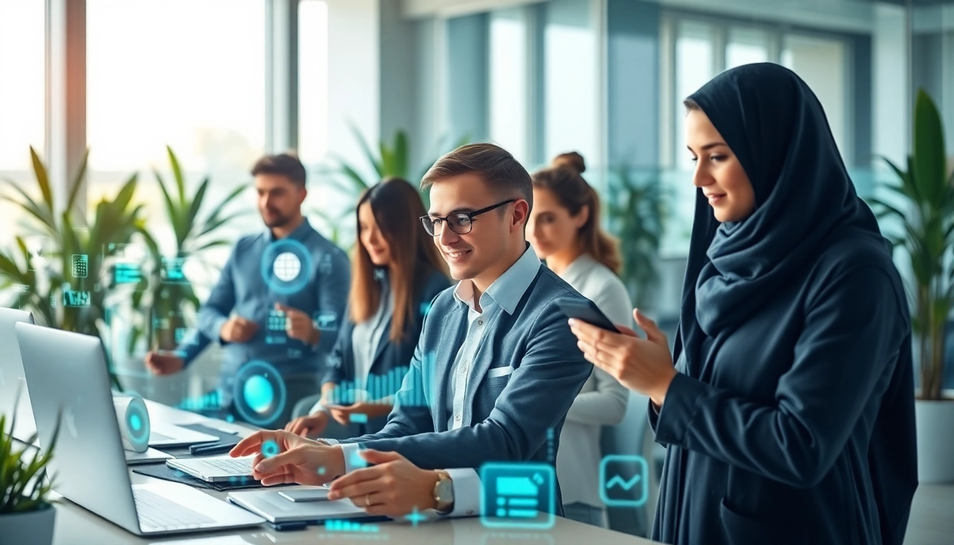 Engaging AI Employee collaborating in a modern workspace, showcasing teamwork and innovation.