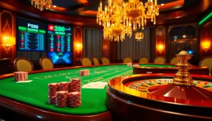 Join the excitement at link PS99 with vibrant poker chips and a classy roulette wheel in a luxurious casino.