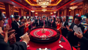 UU88 players enjoying a vibrant casino atmosphere, celebrating wins at the roulette table.