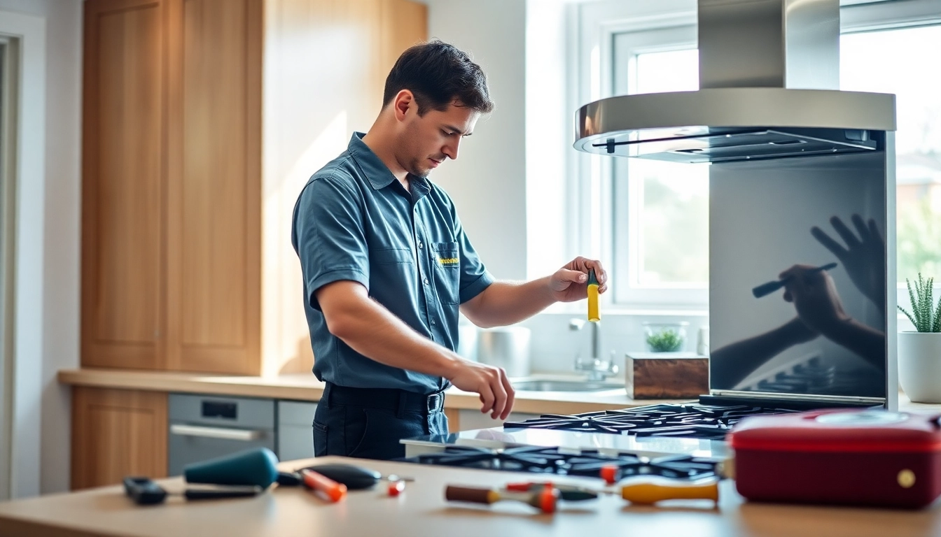 Tech repairing a stove, highlighting appliance repair ottawa expertise in a bright kitchen setting.