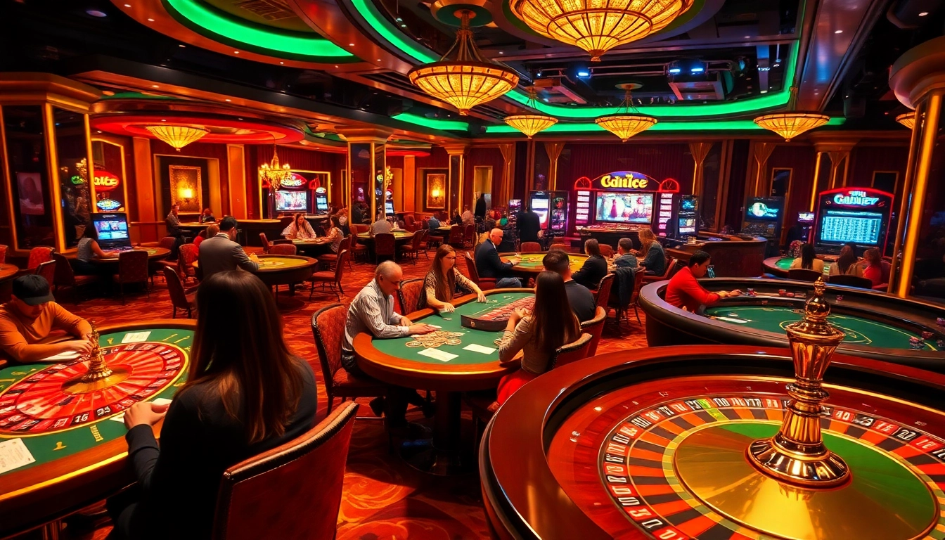 Sbobet players engage with thrilling casino games in a luxurious setting filled with vibrant tables and chips.