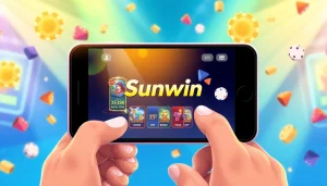 tải sun win app on smartphone in a vibrant gaming environment, highlighting excitement and engagement.