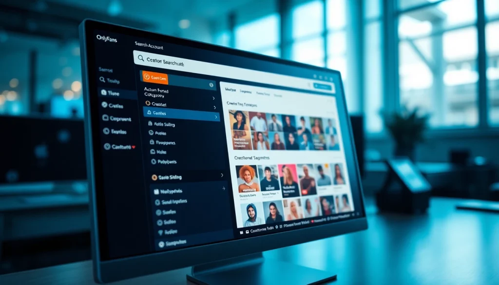OnlyFans account search engine interface showcasing user-friendly features and vibrant profile categories.