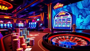 Tk88 MVP offers a vibrant casino experience with poker chips and roulette wheels.