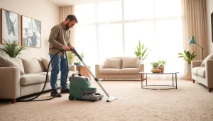 Enhancing carpet cleaning lincoln ca service in a modern living room showcasing bright carpets and a professional cleaner.