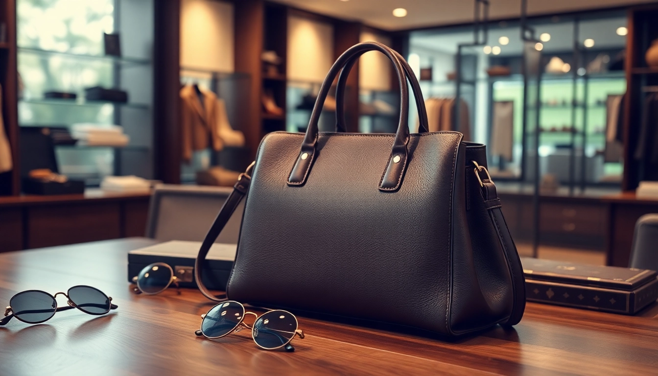 레플리카 고급 핸드백이 패션 액세서리와 함께 우아하게 전시되어 있습니다.