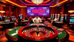 NK88 casino gaming scene with roulette tables and poker chips in an engaging atmosphere.