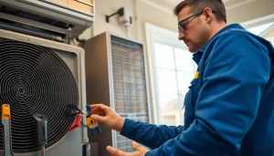 Showcasing HVAC repair purdys with a technician servicing an air conditioning unit in a welcoming home.