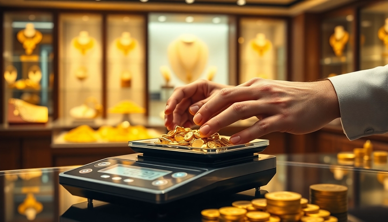 Hand weighing gold for weitere Informationen Goldankauf in a jewelry store.