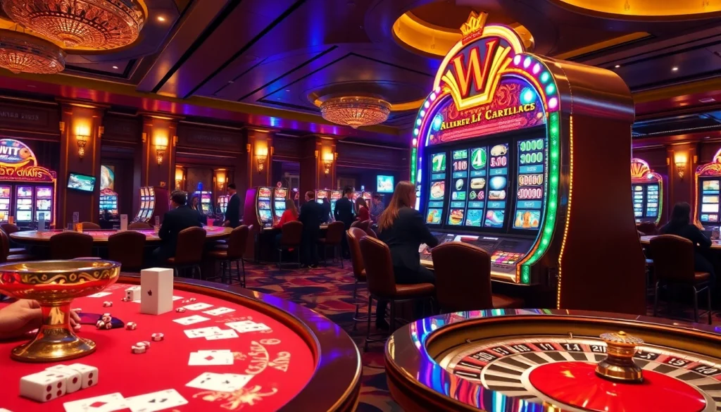 Para pemain menikmati kegembiraan slot pulsa di latar kasino elegan dengan mesin-mesin yang berwarna-warni.