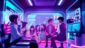 Engaging NSFW character AI chat in a futuristic digital environment with diverse avatars.