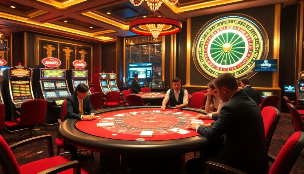 S88vip players enjoying luxury blackjack at a dazzling casino table with vibrant slot machines.