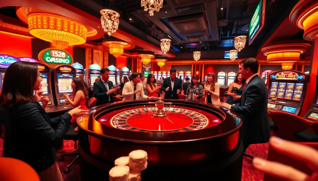 Dynamic casino scene showcasing NK88 poker chips and a roulette table filled with excited players.