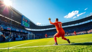Live football match showcasing เปลี่ยนบอล scores, a goalkeeper in action, and an energetic crowd.