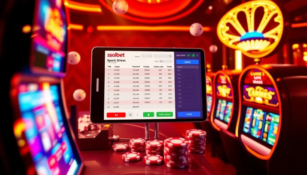 Experience sbobet online betting excitement with vibrant casino visuals highlighting poker chips and betting slips.