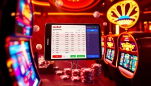 Experience sbobet online betting excitement with vibrant casino visuals highlighting poker chips and betting slips.