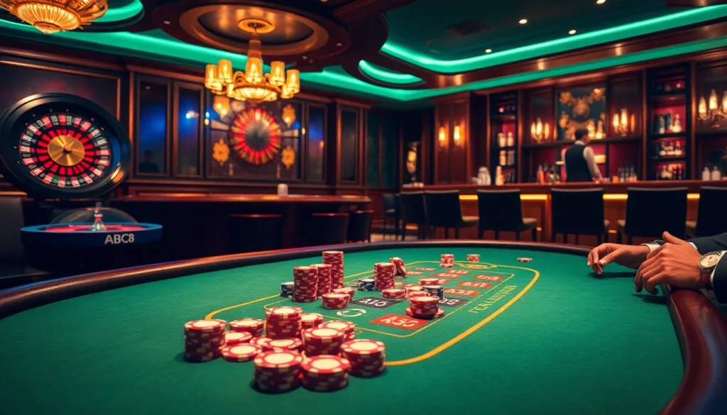 Experience the thrill of ABC8 in a luxurious casino setting with poker tables and roulette wheels.