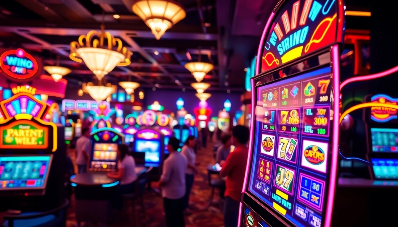 Speel op de levendige gokkast van https://casinodaily.nl in een bruisende casino-omgeving verlicht door neonlichten.