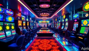 Engaging scene of players enjoying crypto online casinos with vibrant gaming machines and digital currency icons.
