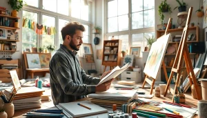 laoutaris artist engaged in creative process surrounded by art supplies in bright studio.