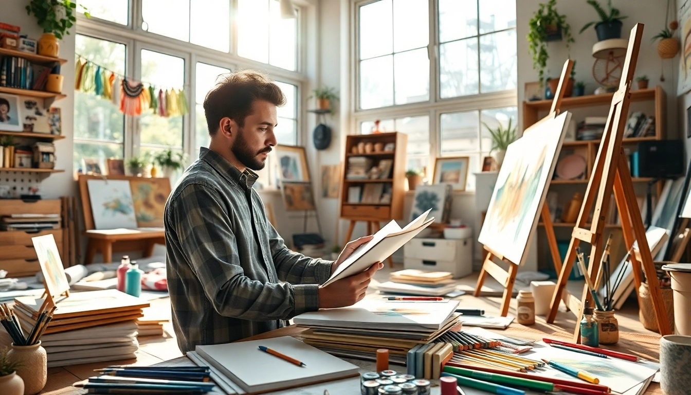 laoutaris artist engaged in creative process surrounded by art supplies in bright studio.