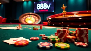 Experience professional gaming at https://88vv.com.de/ with vibrant poker chips and an elegant baccarat table.