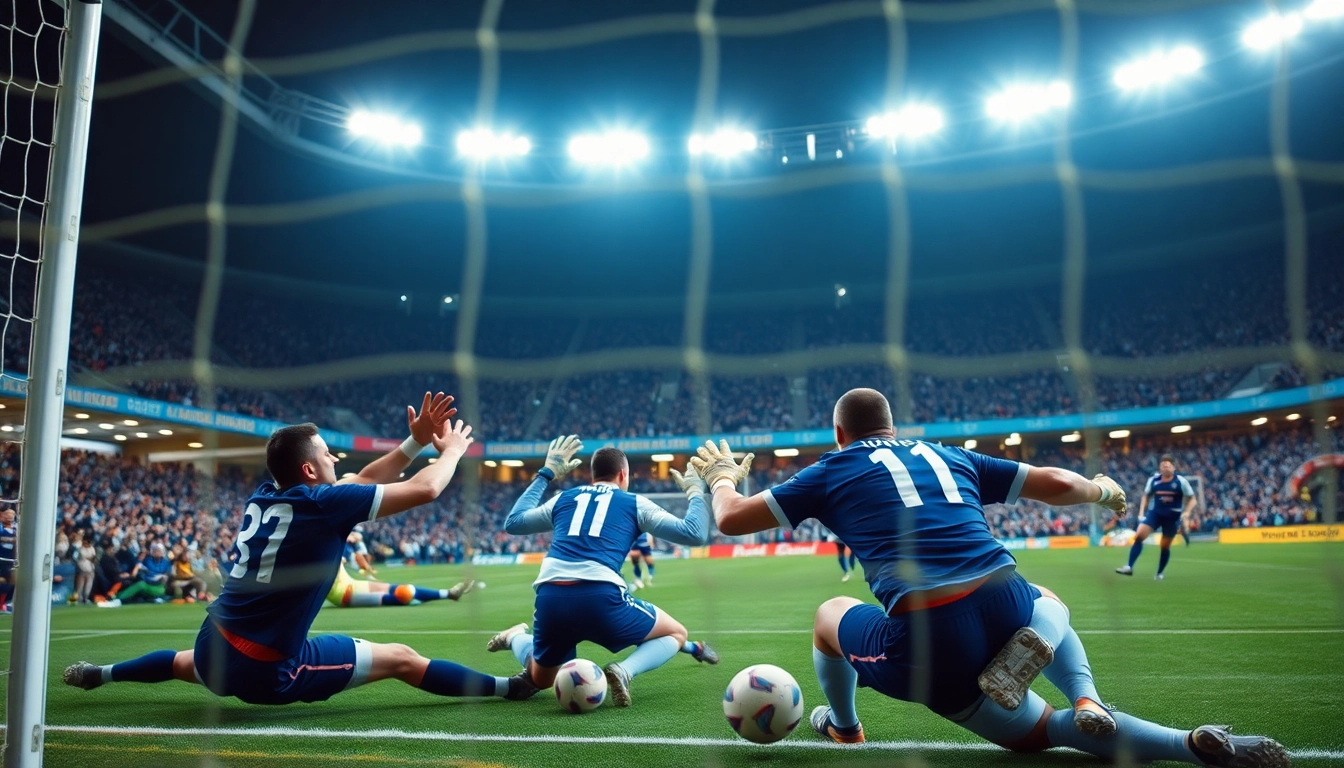 Experience the thrill ofฟุตบอลคืนนี้ with goalkeepers and players in an intense match.