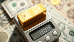 Analyze the gold price in USA with a close-up of a gold bar on a scale.