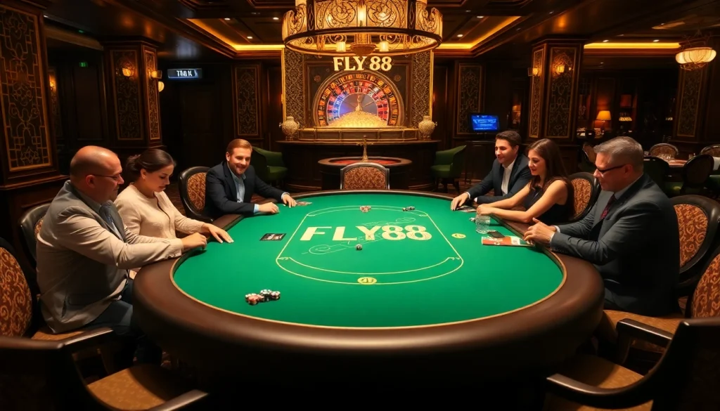 Excited gamblers enjoy a high-stakes poker game at FLY 88 casino.