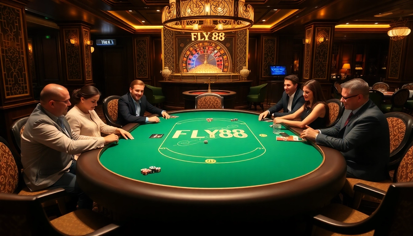 Excited gamblers enjoy a high-stakes poker game at FLY 88 casino.