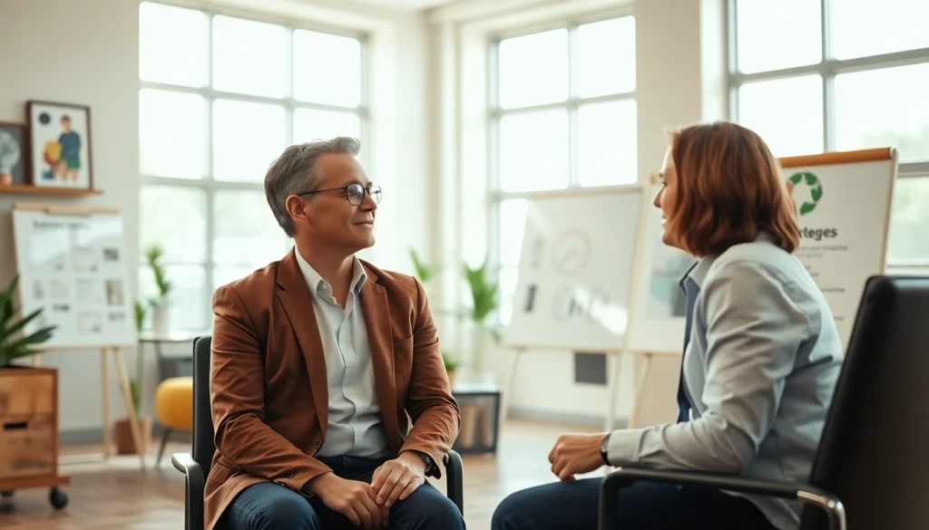 Business coach near me guiding a client in a professional office setting, creating a collaborative atmosphere.