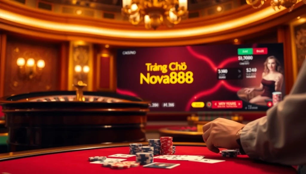 Experience excitement at trang chủ nova88 with luxury casino setting featuring poker chips and roulette wheel.