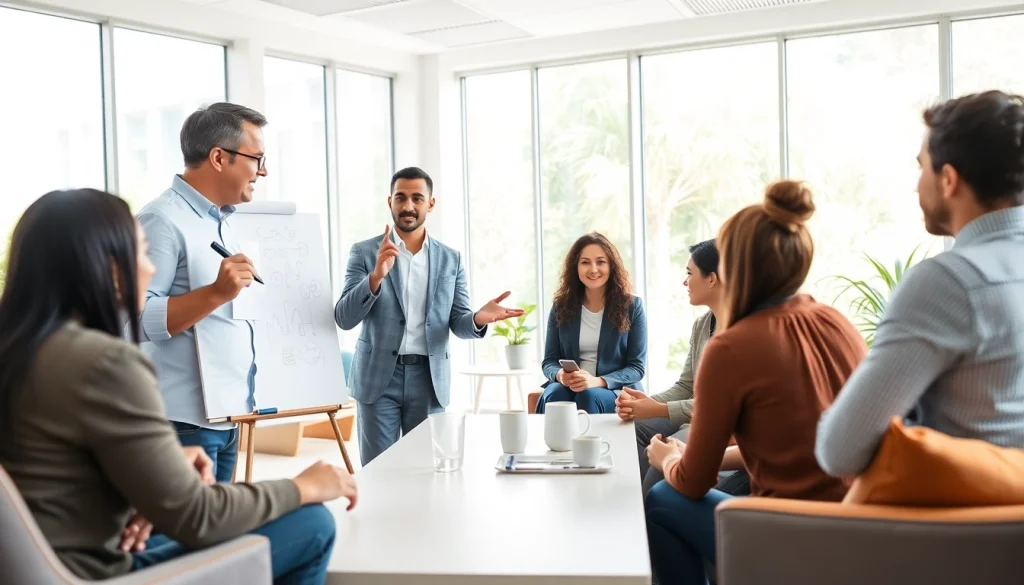 Connect with a professional business coach near me in a bright office, showing dynamic client engagement.