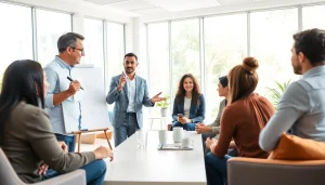 Connect with a professional business coach near me in a bright office, showing dynamic client engagement.