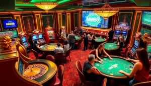 Excited players enjoying MM88 online casino games with poker chips and slot machines.