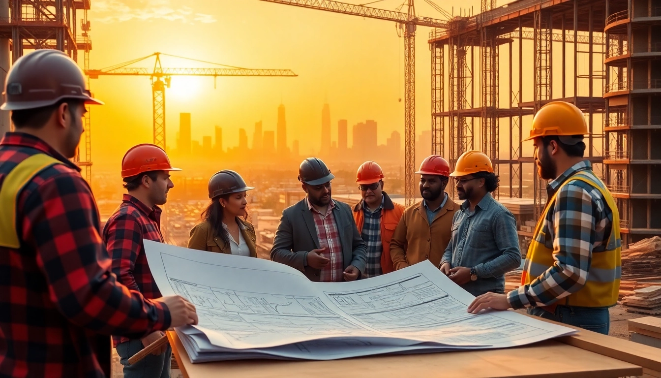 Engage in careers in construction with a diverse team collaborating on-site, showcasing teamwork.