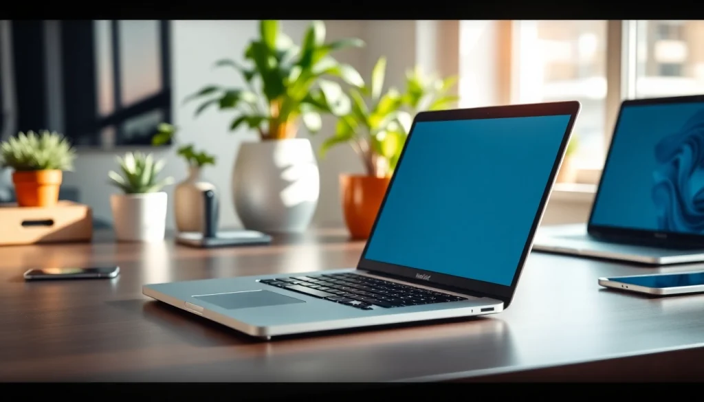 Usa el MacBook Air M3 en un escritorio moderno, resaltando su diseño elegante y acabado plateado.